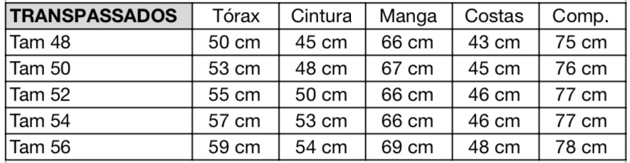 bleizerjogos - Tabela de Medidas para Transpassados